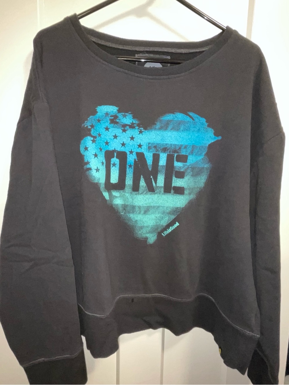 Life is Good Black Sweatshirt with Teal Heart Graphic - ONE